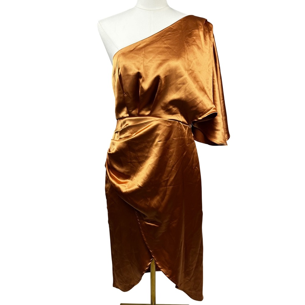 Copper Batwing One Shoulder Satin Dress Ruched Tulip Hem Midi Gown Size XXL Sexy